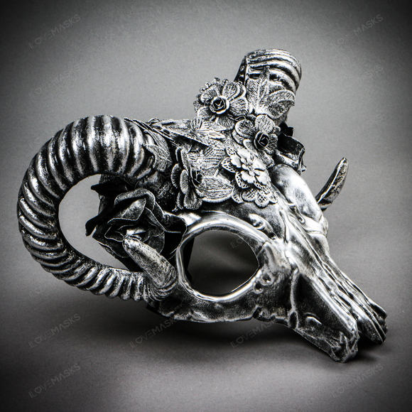 Antelope Devil Ram Horn Skull Ghost Masquerade Mask - Black Silver - Picture 7 of 9
